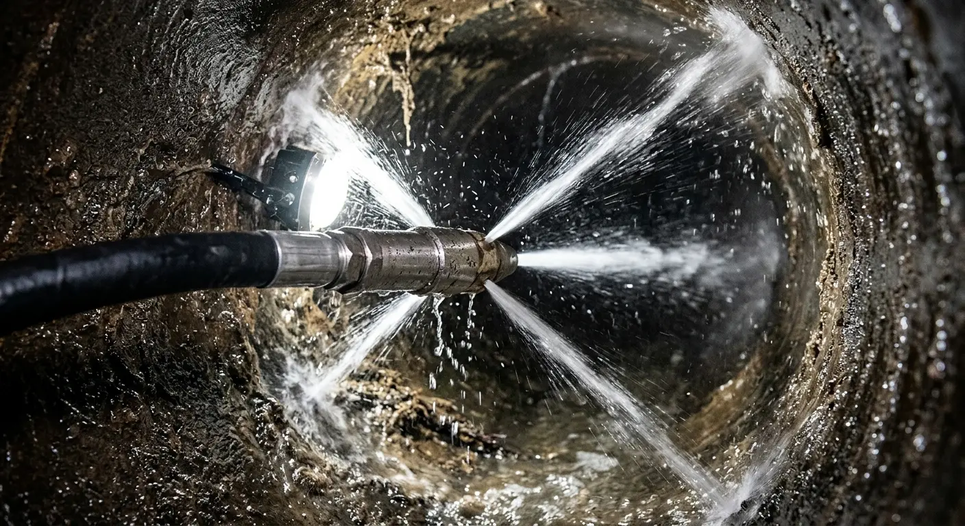 High-pressure hydro jetting nozzle cleaning sewer pipe for Storm Drain Cleaning in Secaucus