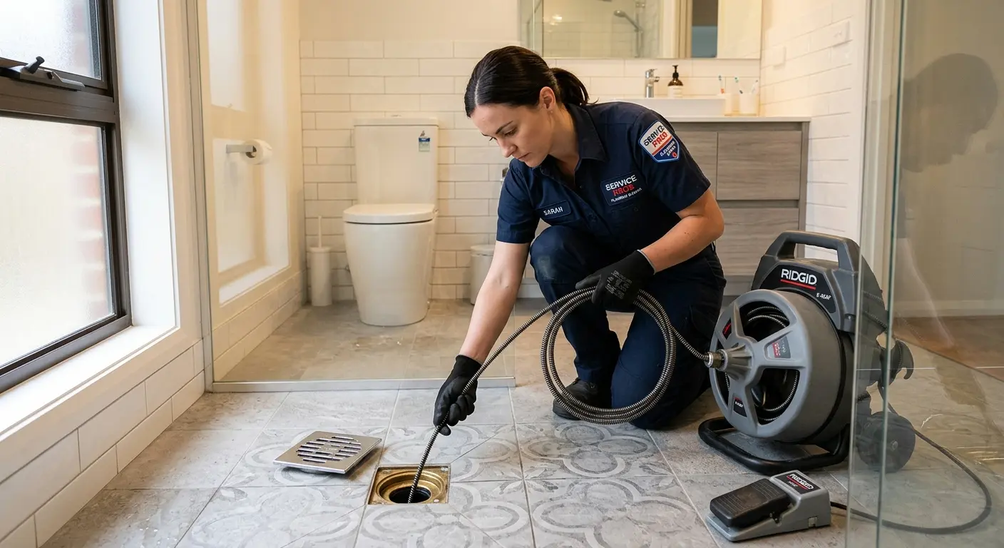 Technician clearing a bathroom floor drain for Drain Repair in Secaucus